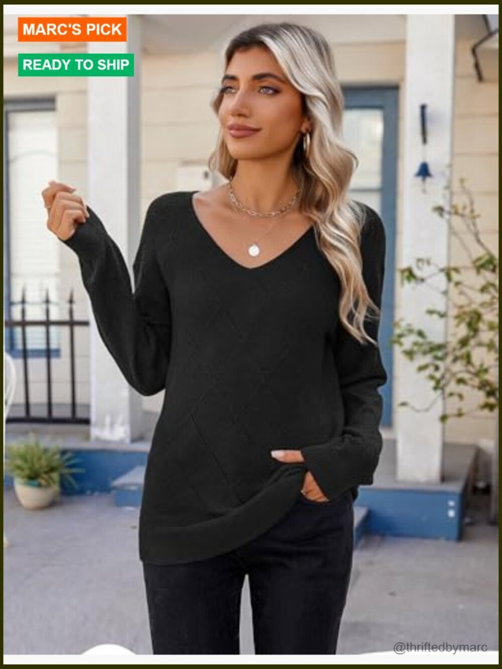 Knitted Long Sleeve V-Neck Lightweight Crochet Pullover Sweater Top - Picture 2 of 5